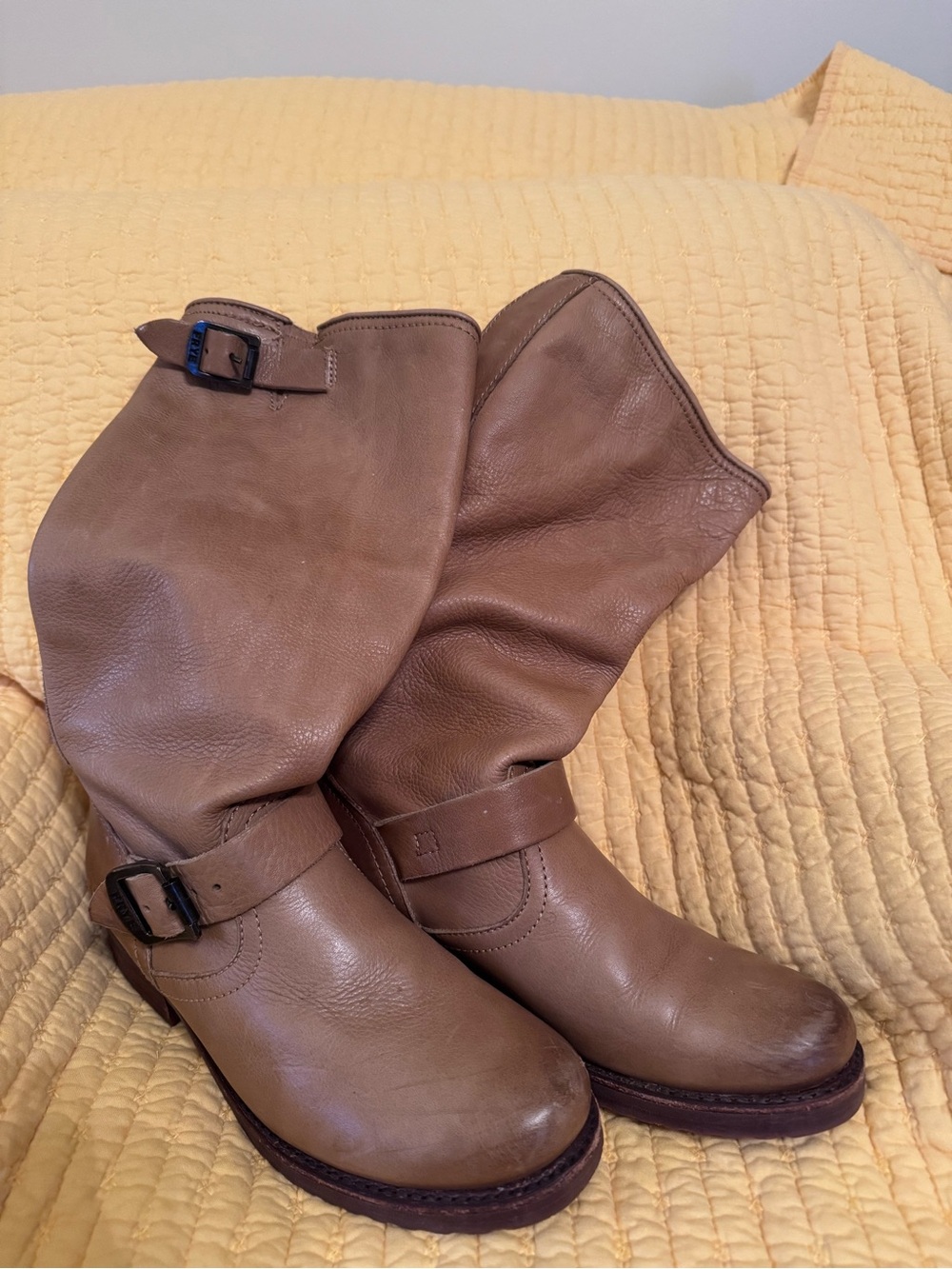 Frye Brown Leather Slouch Buckle Mid-Calf Boots